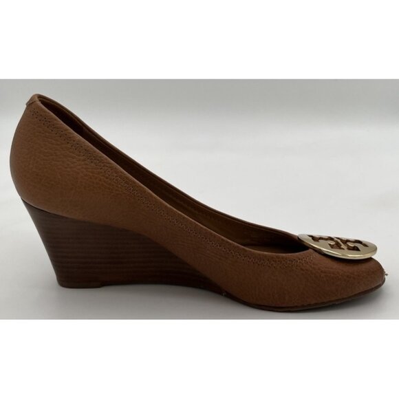 Tory Burch Brown Leather Sally Wedge Gold Logo Peep Toe Pump Women Size 10M - Picture 6 of 10